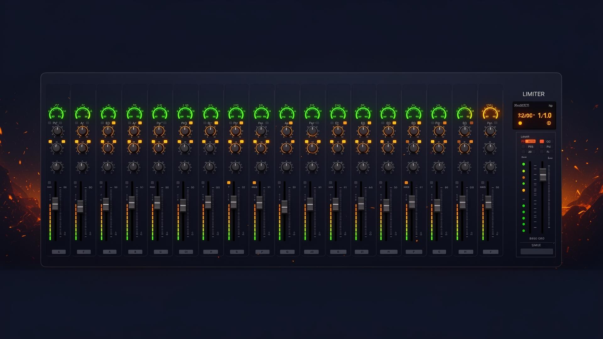 Mixer view with channel strips, master section, and limiter.