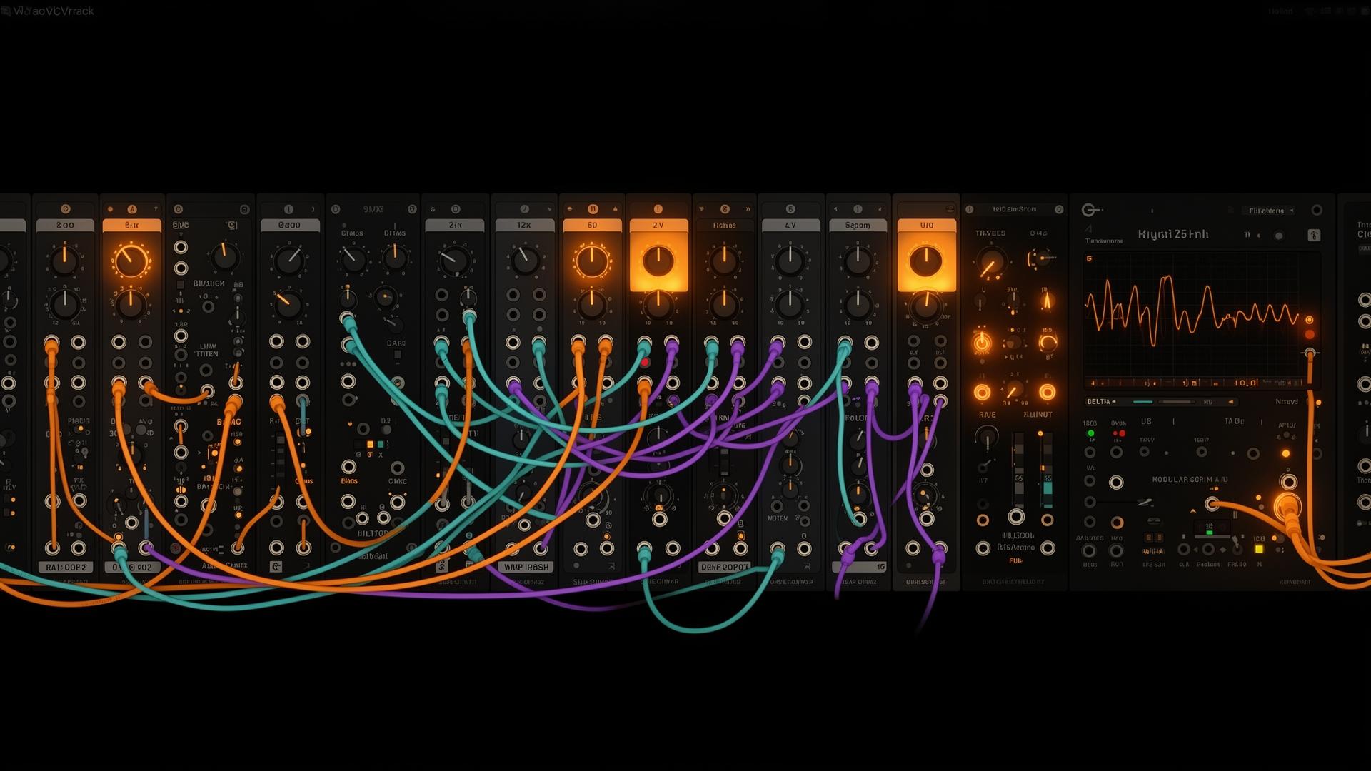 The modular rack with patched modules and colored cables.